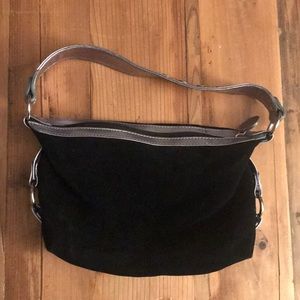 Black and silver studded suede shoulder bag